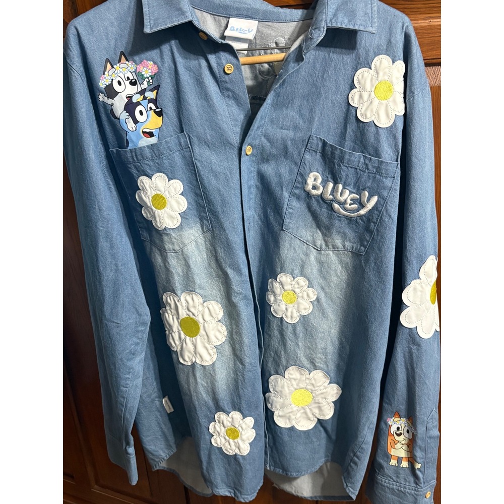 BoxLunch Bluey Button Up Denim Shirt Size 2XL XXL 100% Cotton Long Sleeve